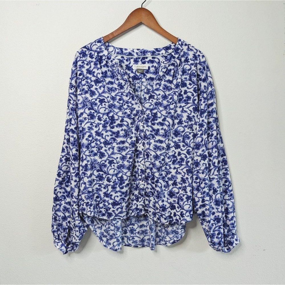 BOHO Pilcro and the Letterpress Anthropologie Blue White Floral Top Medium B3